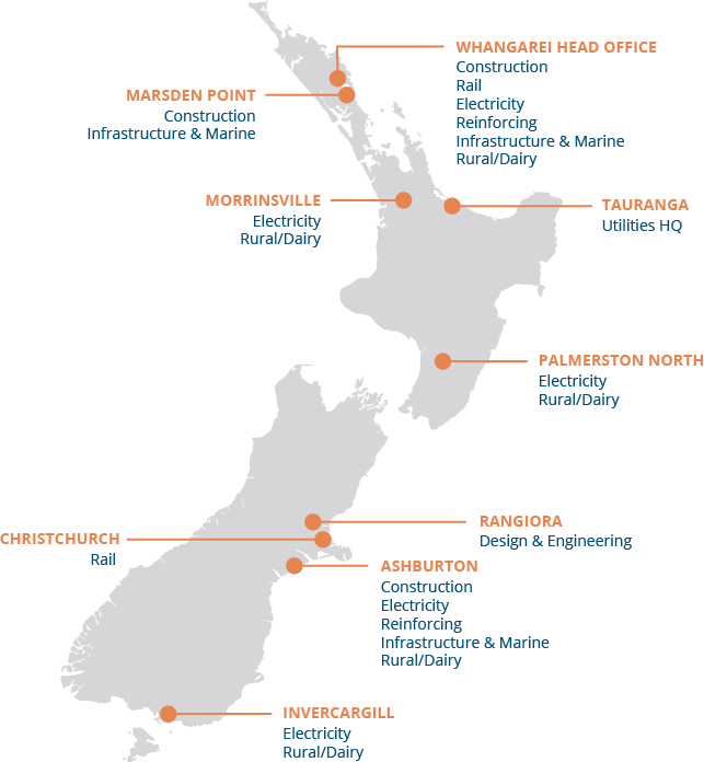 Map of New Zealand with Busck locations marked